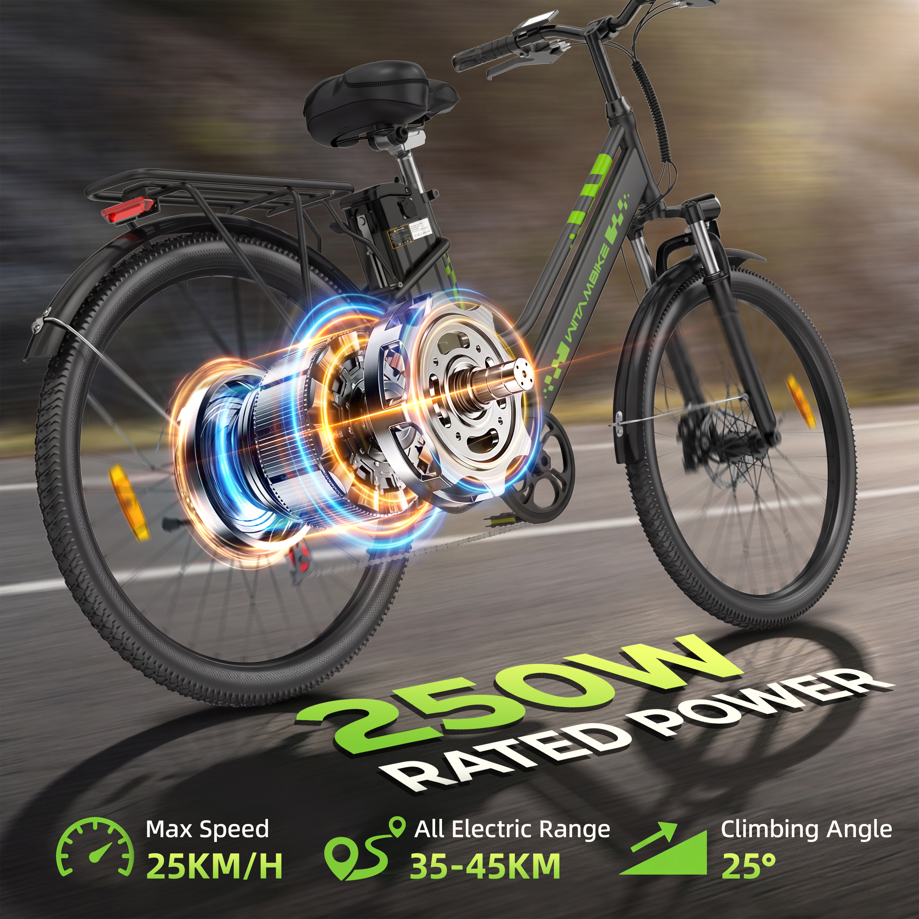 Czarny e-bike z podświetlonym silnikiem i specyfikacją mocy.