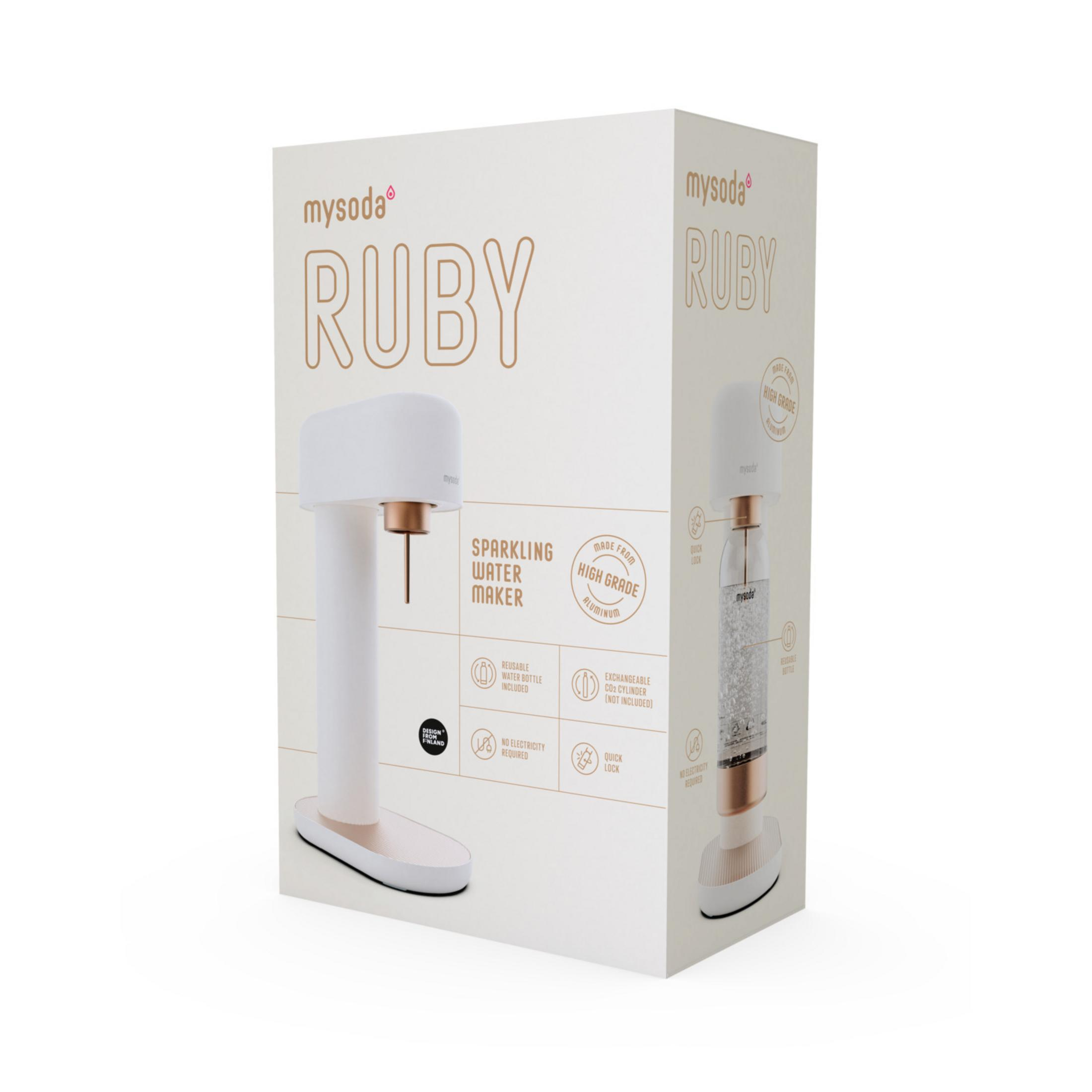 Packaging for a white and rose gold sparkling water maker labeled "Ruby".