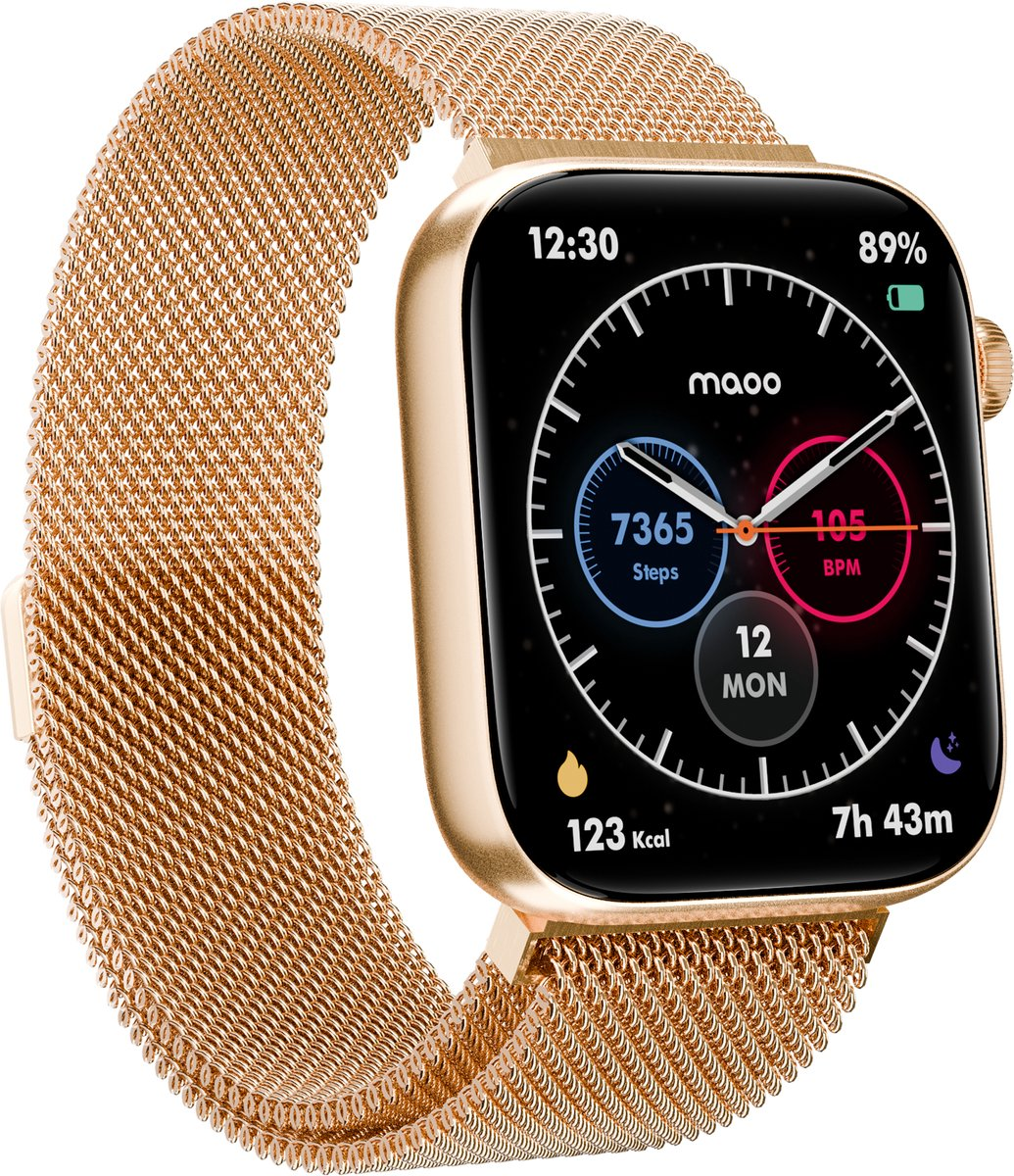 Uno smartwatch dorato con cinturino in rete mostra 7365 passi e 105 BPM.