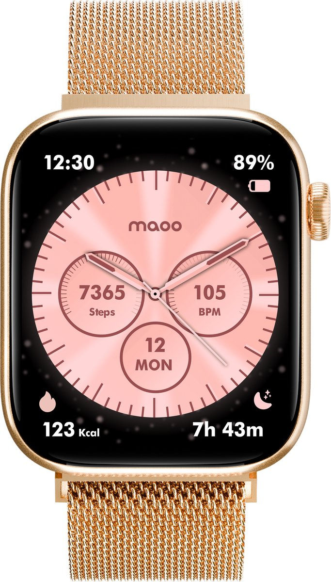 Orologio smart dorato con quadrante rosa mostra 12:30, 89% batteria, 7365 passi, 105 BPM.