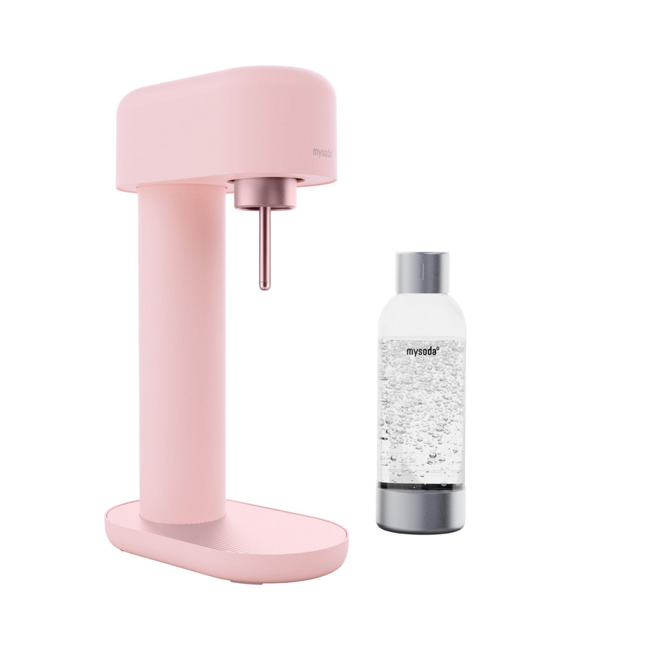 A pink soda maker with a bubbly bottle beside it.