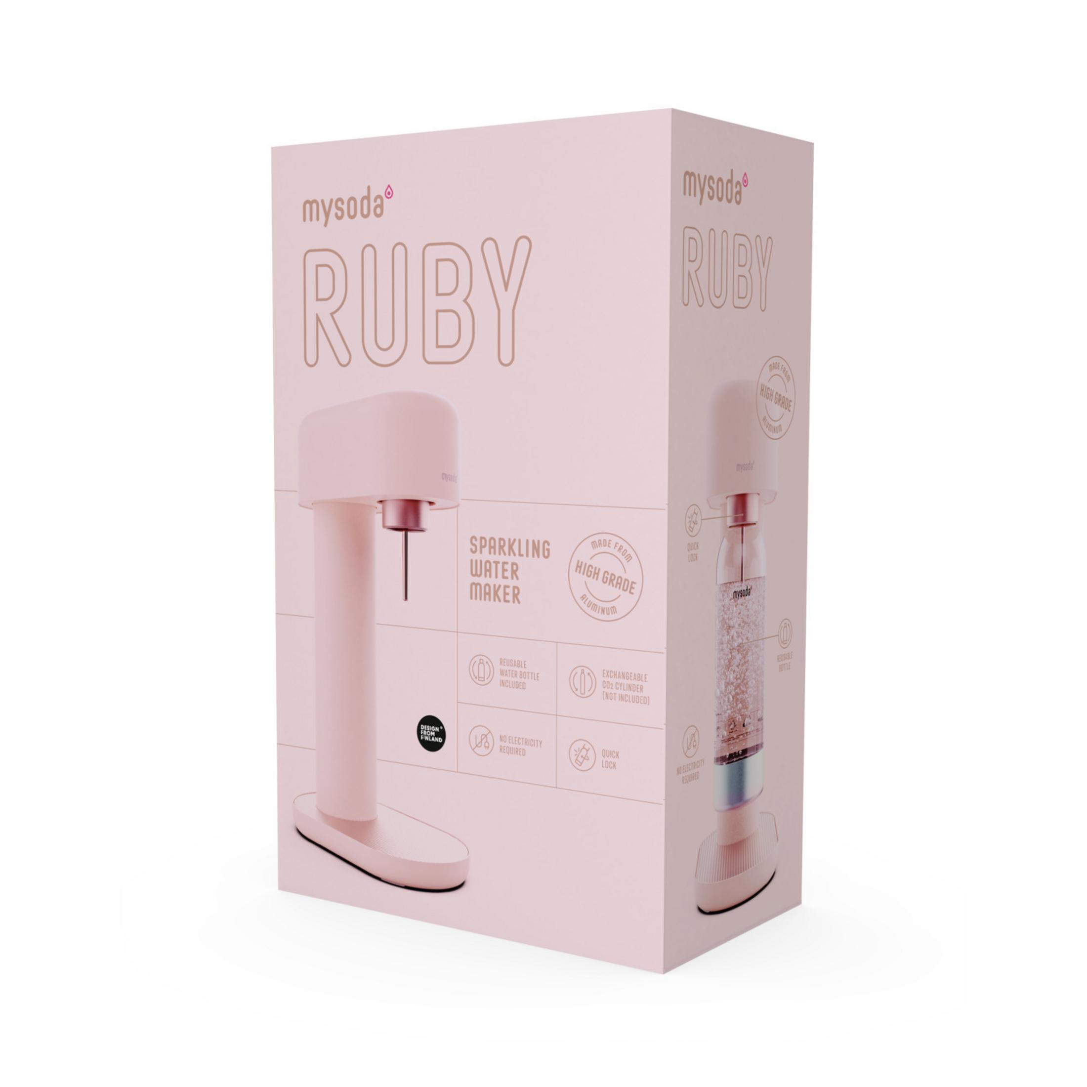 Pink box for Mysoda Ruby sparkling water maker. Shows machine & bottle.