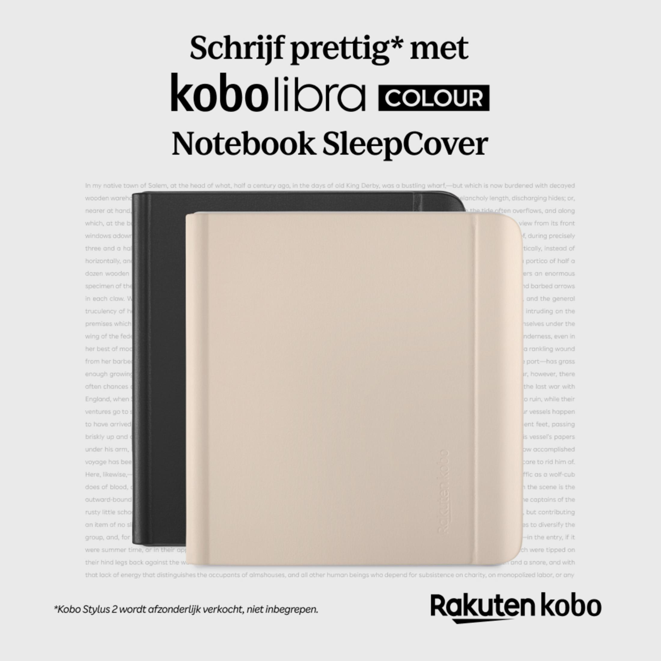 Metin arka planı üzerinde siyah ve bej Kobo SleepCover defterler.