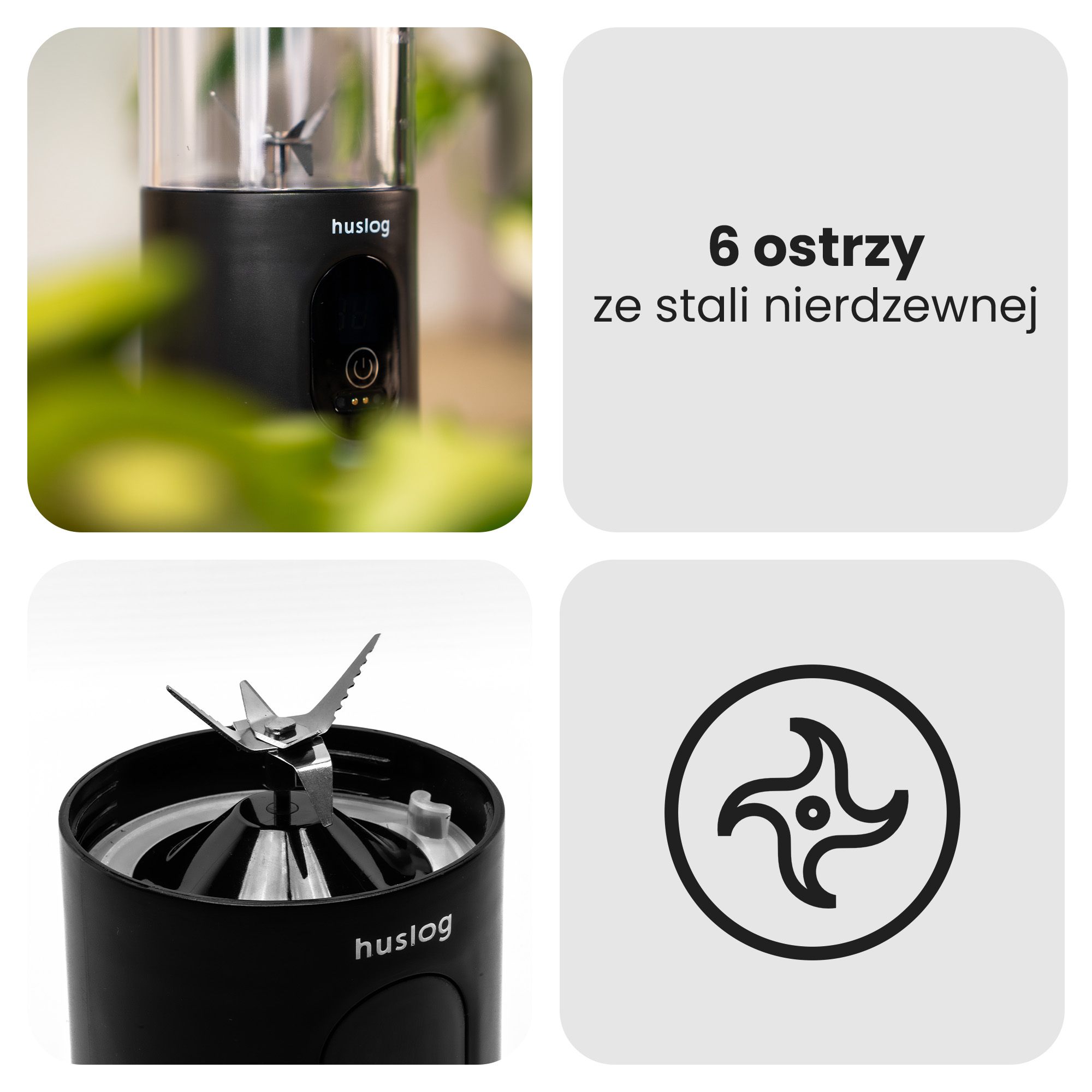 Czarny przenośny blender z sześcioma ostrzami i ikoną.