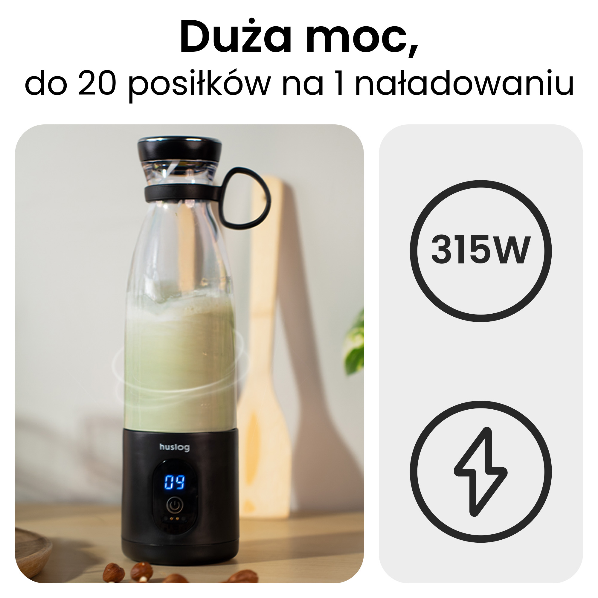 Przenośny blender z zielonym smoothie, moc 315W, wskaźnik ładowania.