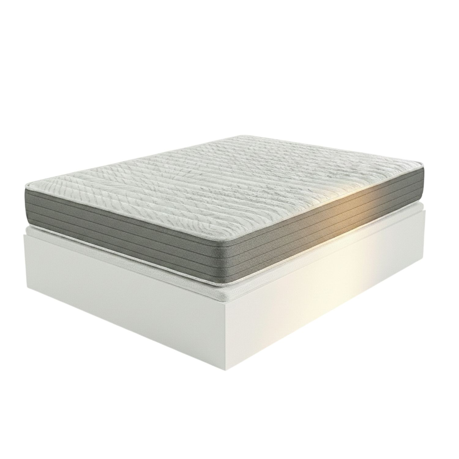 Base de colchón blanca con un colchón gris acolchado encima.