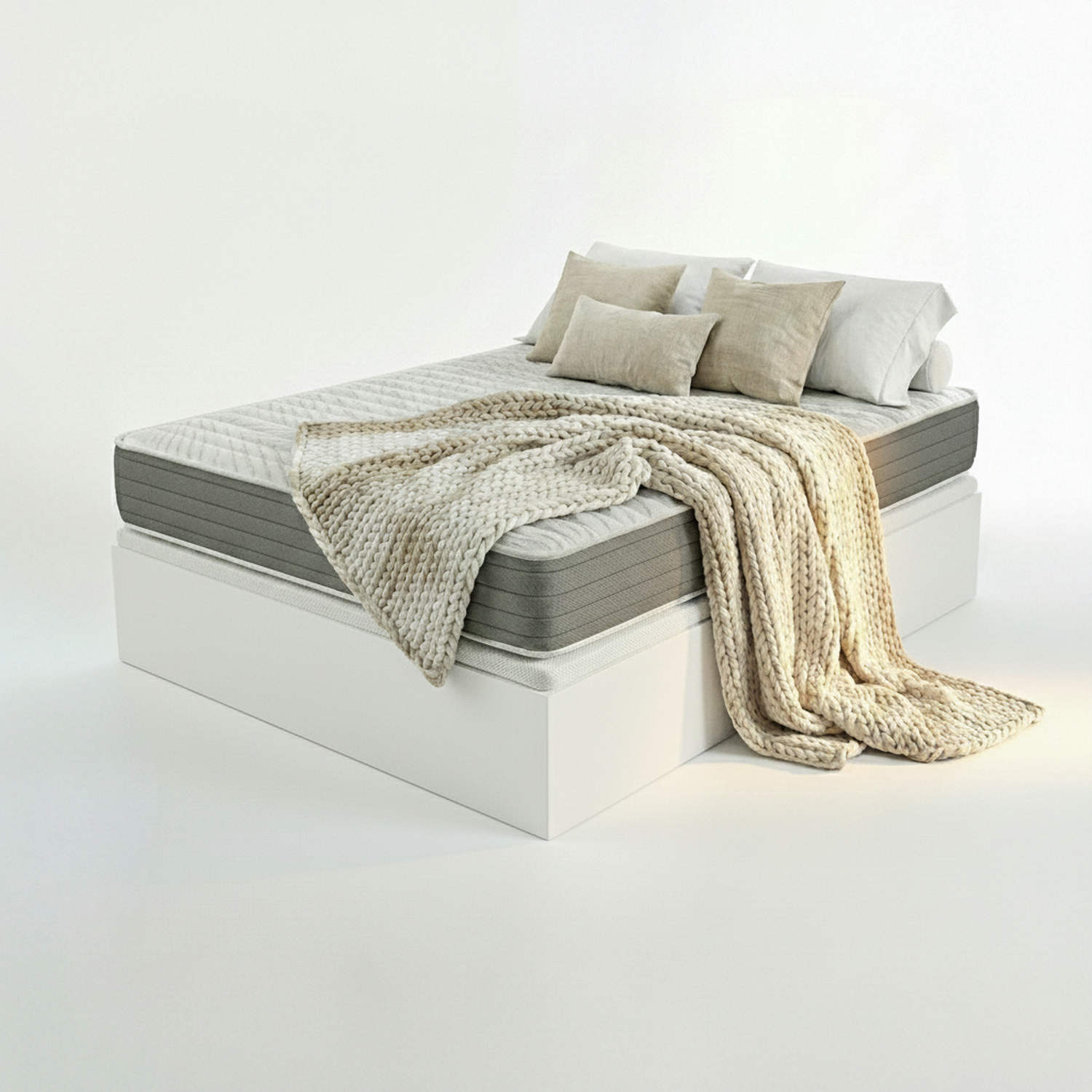 Una cama blanca con colchón gris, almohadas beige y manta de punto grueso.