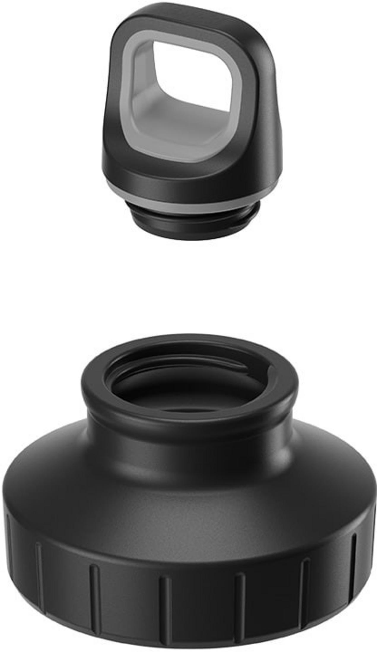 Bouchon de bouteille noir avec poignée et couvercle assorti.