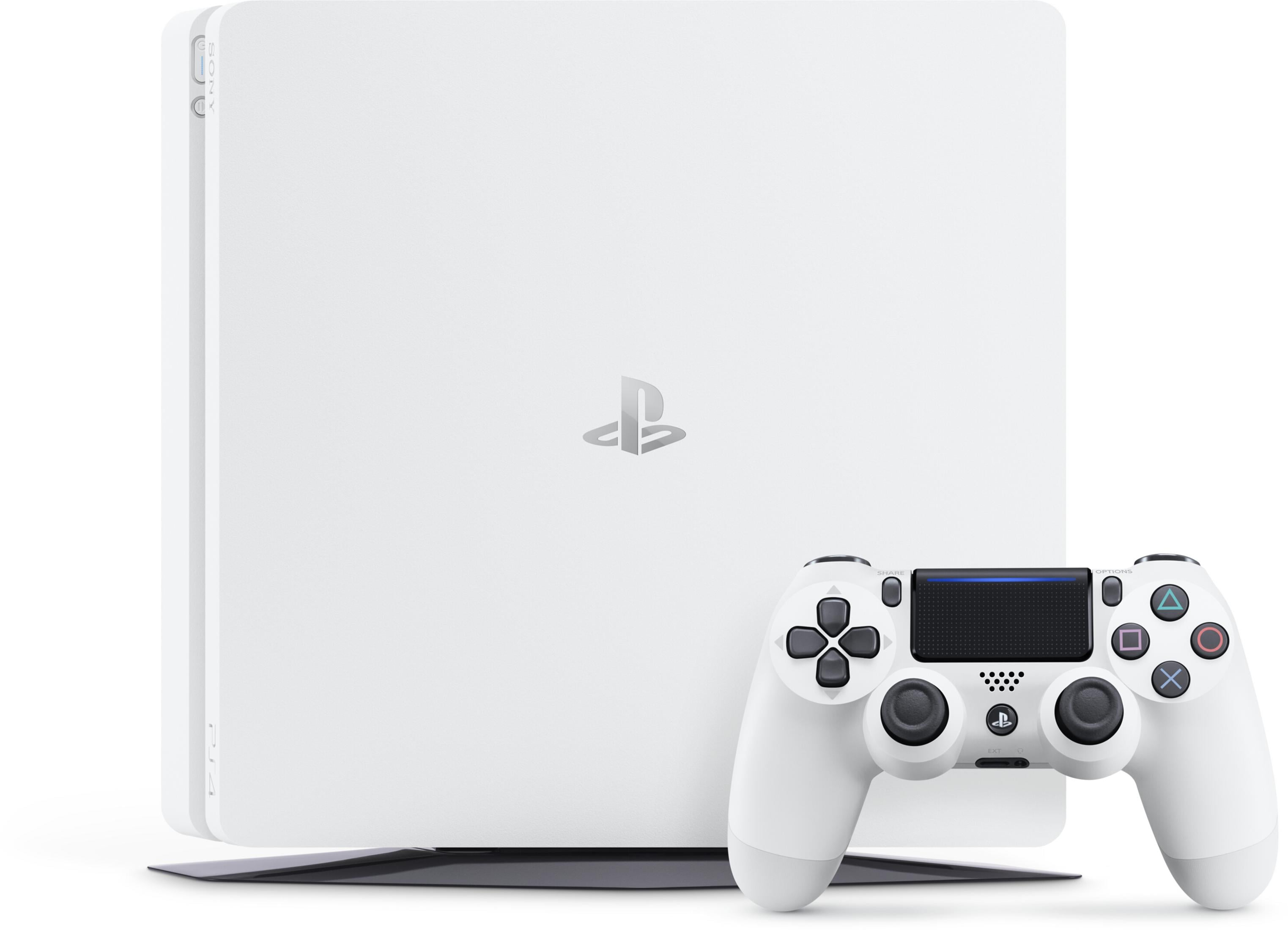 Een witte PlayStation 4 Slim consolebundel met een witte controller.