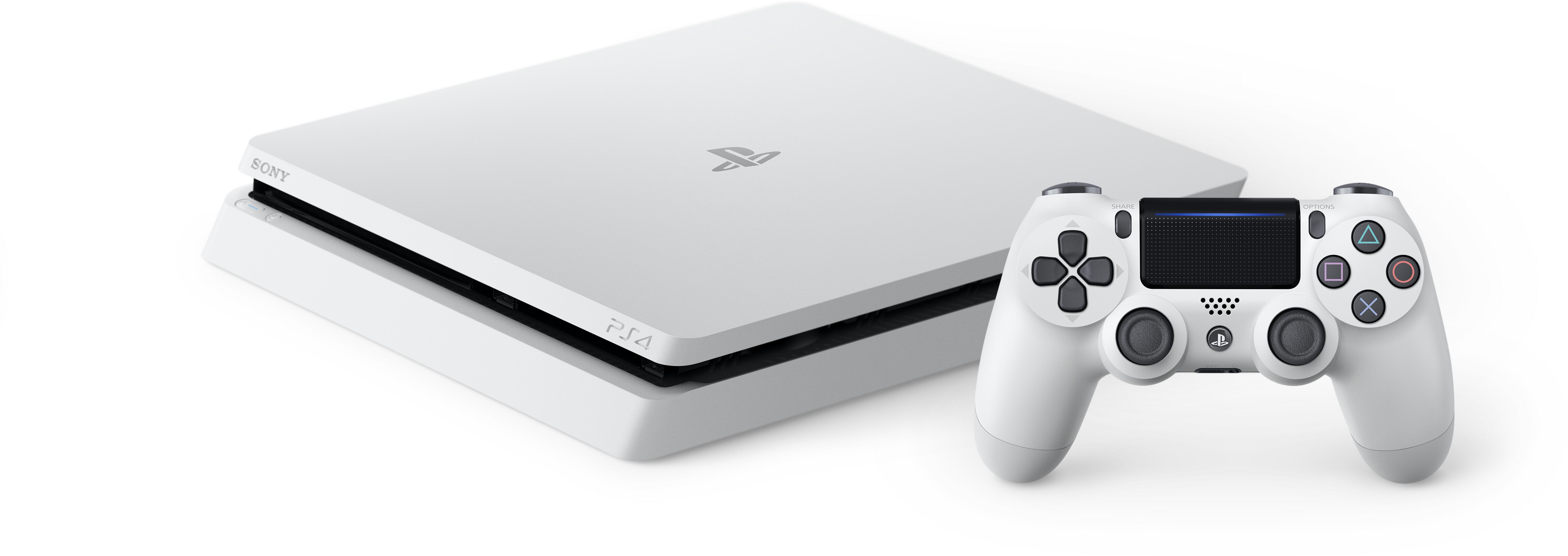 Een witte PlayStation 4 console en controller op een witte achtergrond.