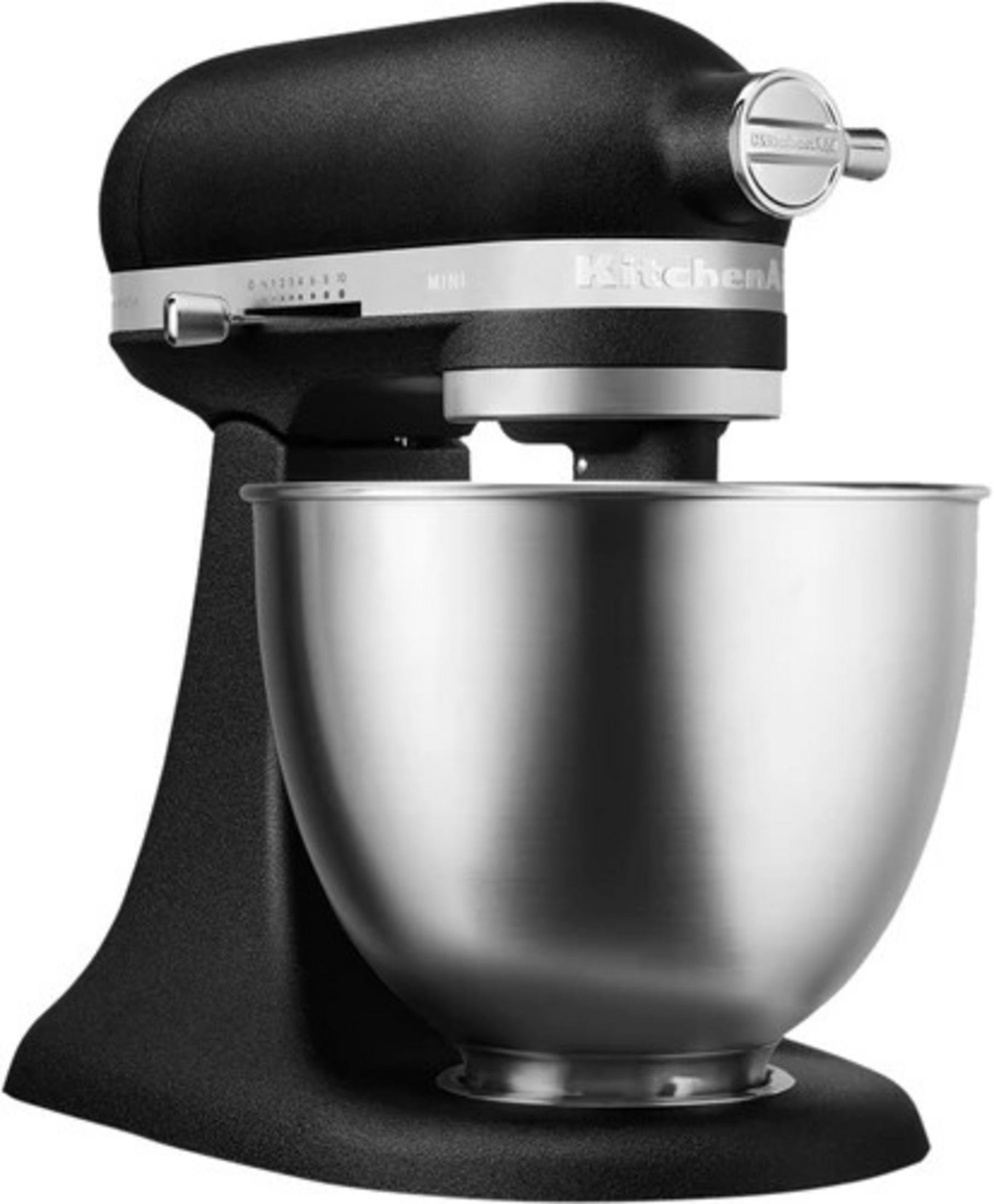 Ein schwarzer KitchenAid Mini-Standmixer mit Edelstahlschüssel.