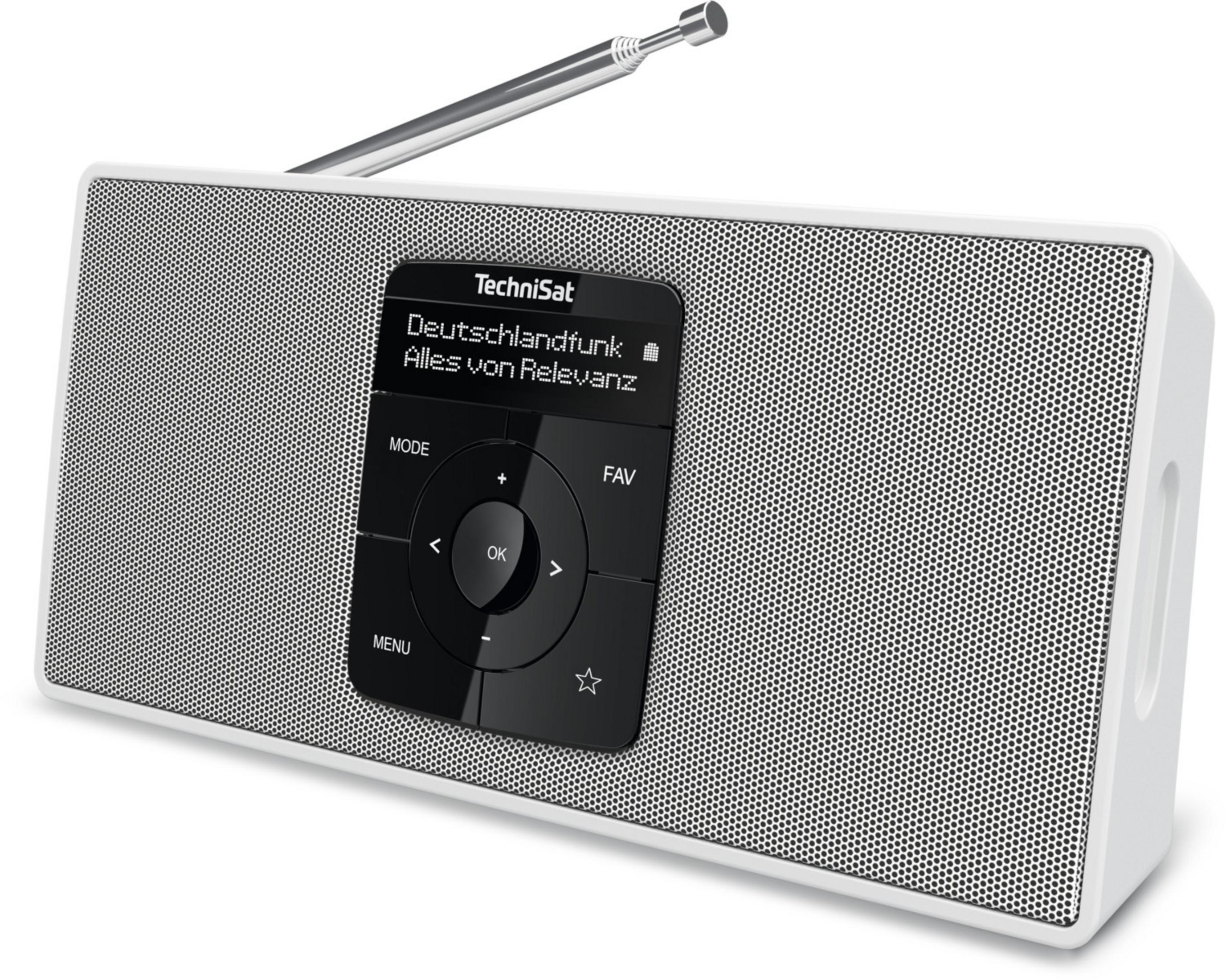Radio digitale TechniSat bianca con antenna estensibile e pannello di controllo nero.