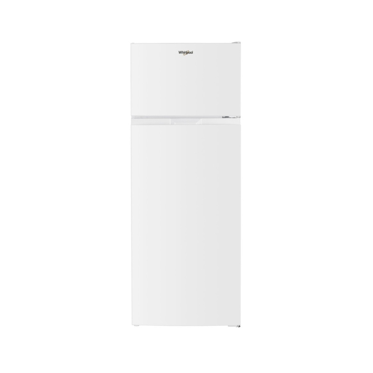 Un frigorífico blanco Whirlpool con congelador arriba.