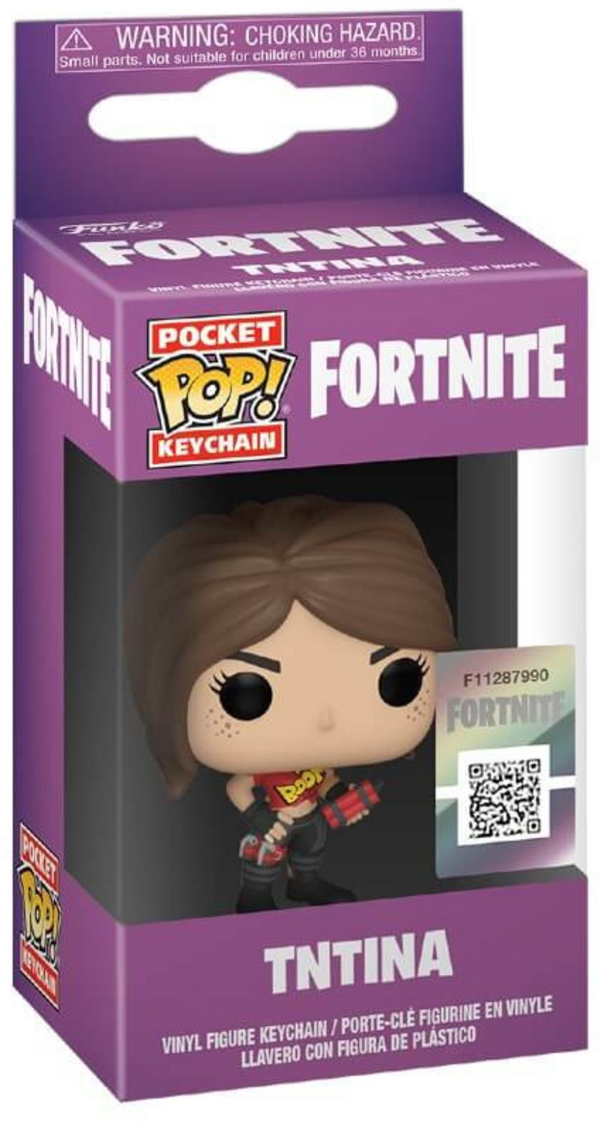 Fortnite TNTina Pocket Pop Vinyl-Schlüsselanhänger in lilafarbener Verpackung mit Warnhinweis.