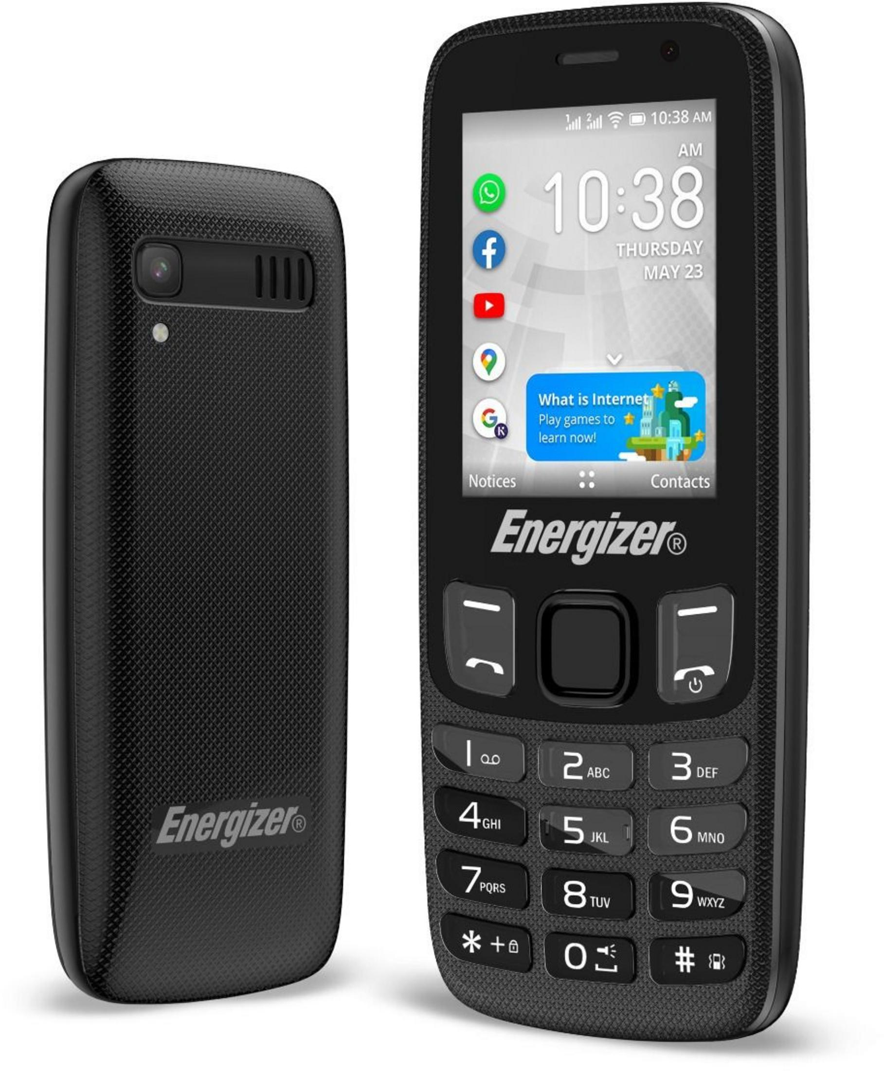 Un teléfono negro Energizer con teclado y pantalla que muestra las 10:38 AM.