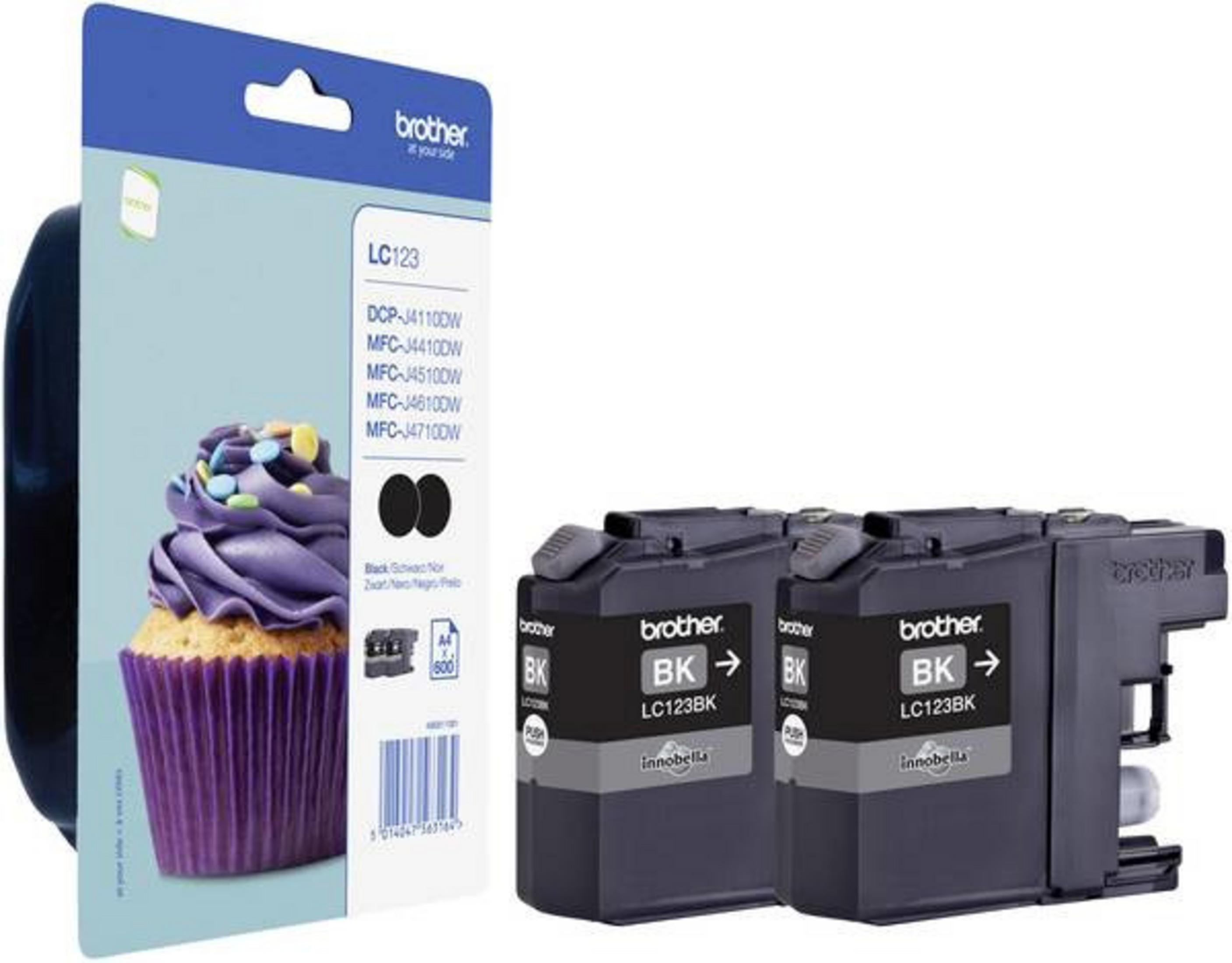 Zwei schwarze Brother LC123BK Tintenpatronen neben einer Verpackung.