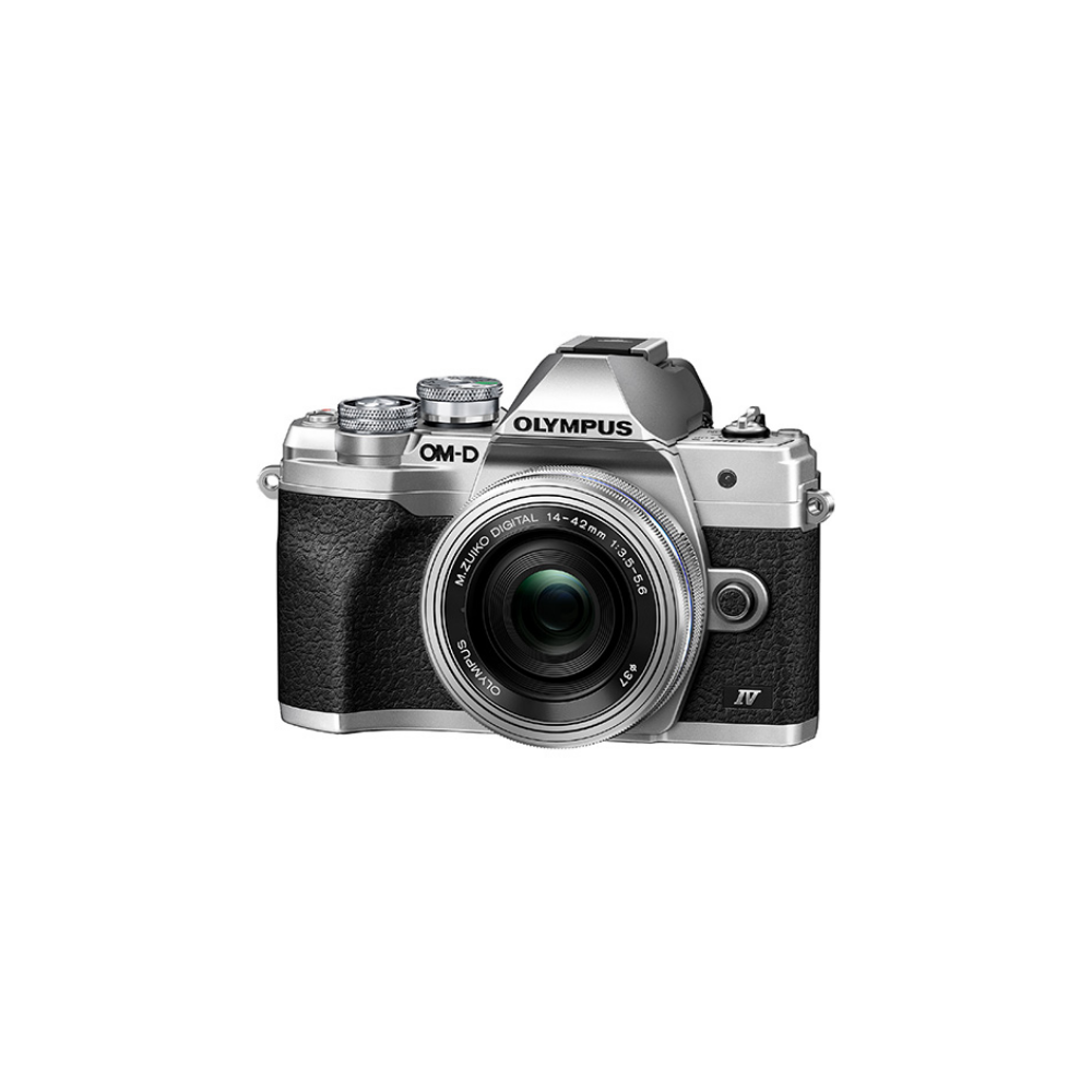 Silberne Olympus OM-D Kamera mit schwarzem Griff und Objektiv.