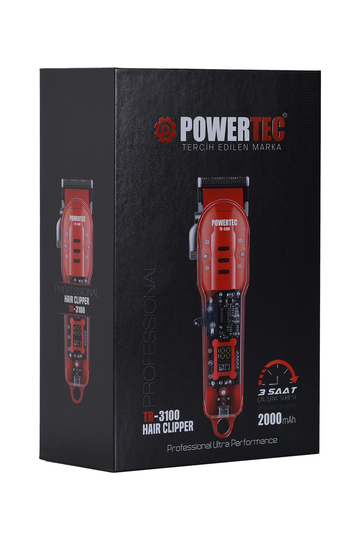 Kırmızı Powertec saç kesme makinesi, ürün detayları olan siyah kutuda.