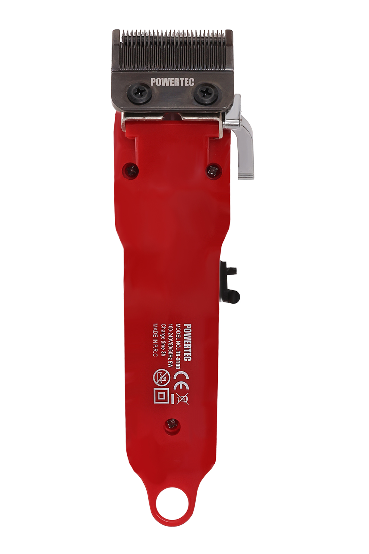Gümüş bıçaklı ve detaylı kırmızı POWERTEC saç kesme makinesi.