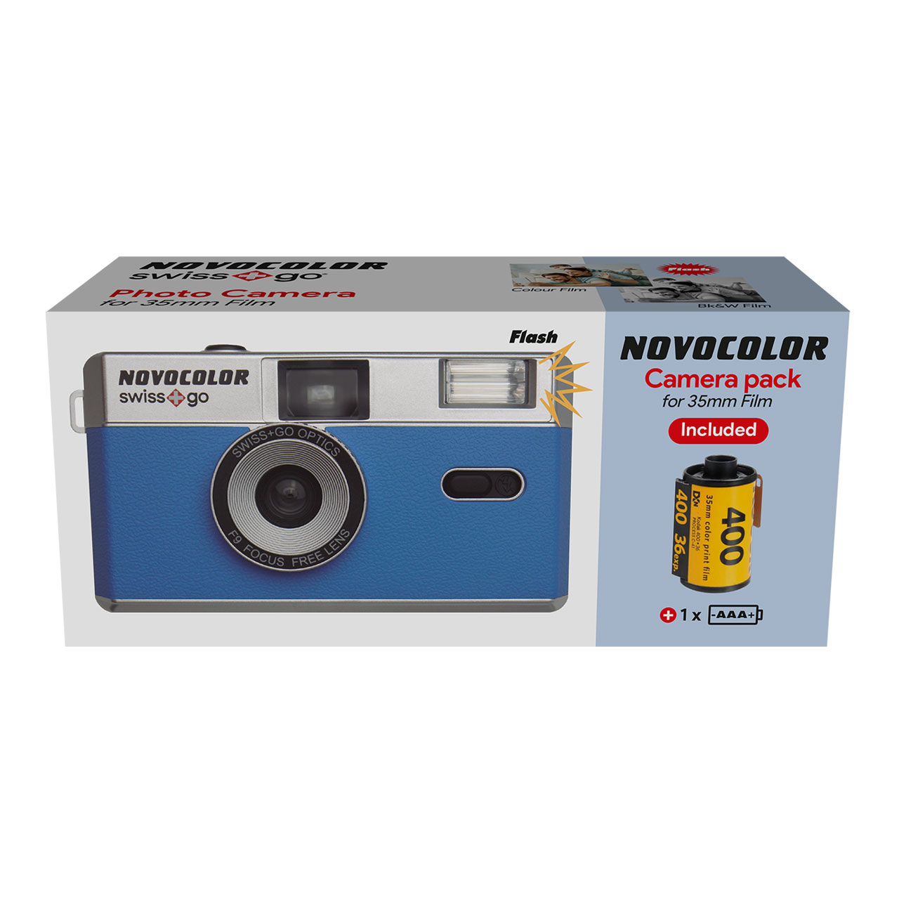 Caja que muestra una cámara Novocolor azul, lente, flash y rollo de 35mm.
