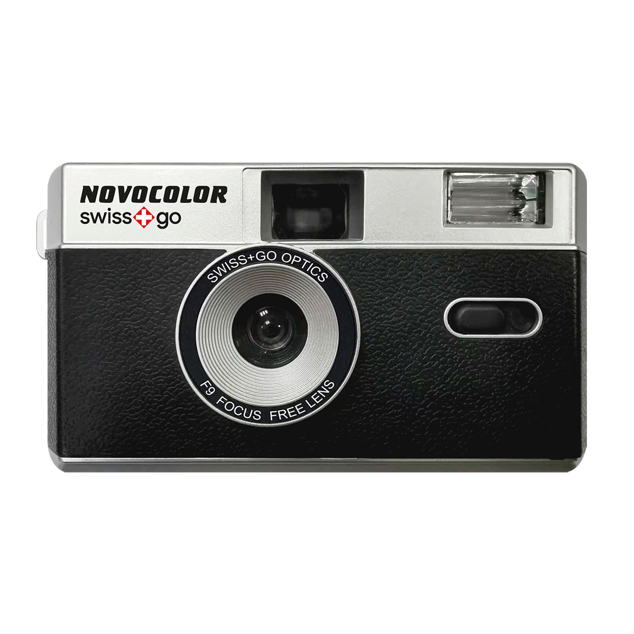 Una cámara Novocolor Swiss+Go negra con parte superior plateada y flash.