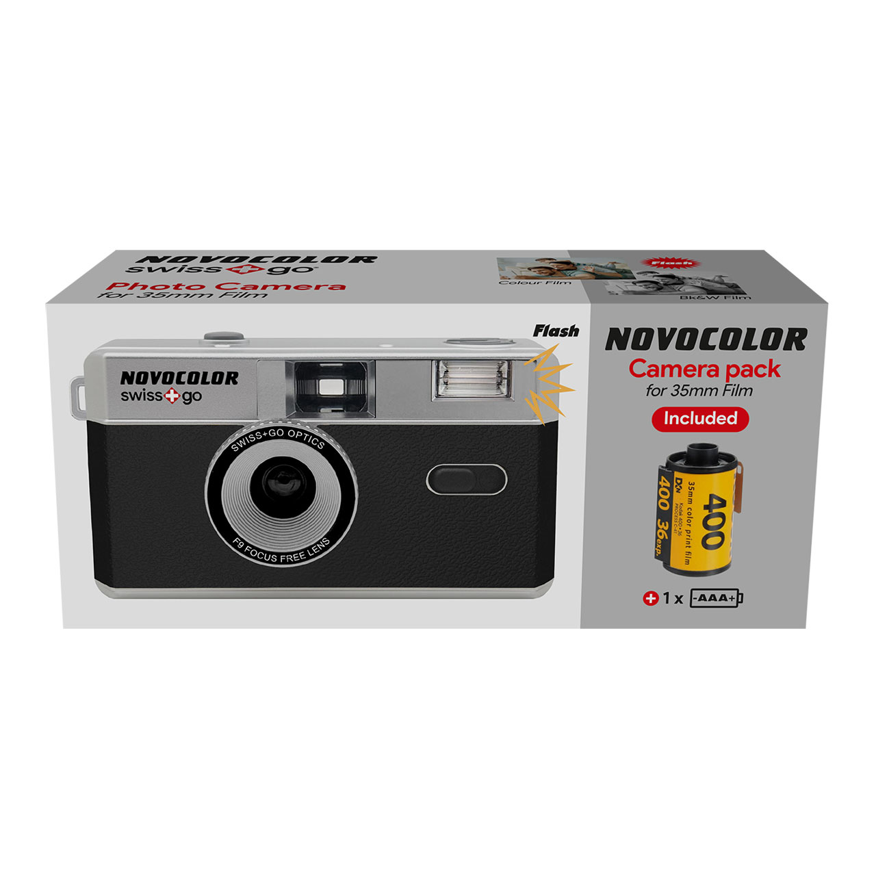 Un paquete de cámara NovoColor Swiss+Go para película de 35mm, con rollo.
