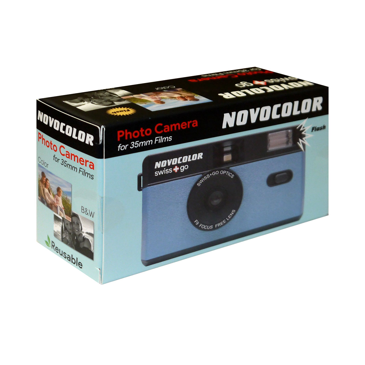 Caja de una cámara Novocolor azul de 35mm con imágenes de fotos.