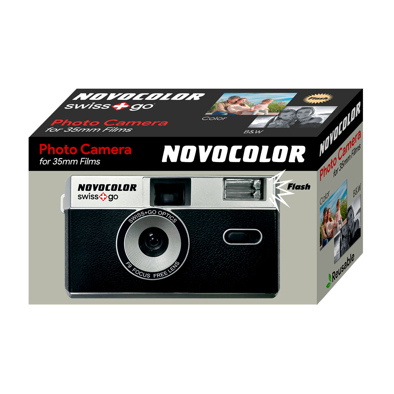 Embalaje de una cámara NOVOCOLOR Swiss+go para películas de 35mm, con primer plano de la cámara.