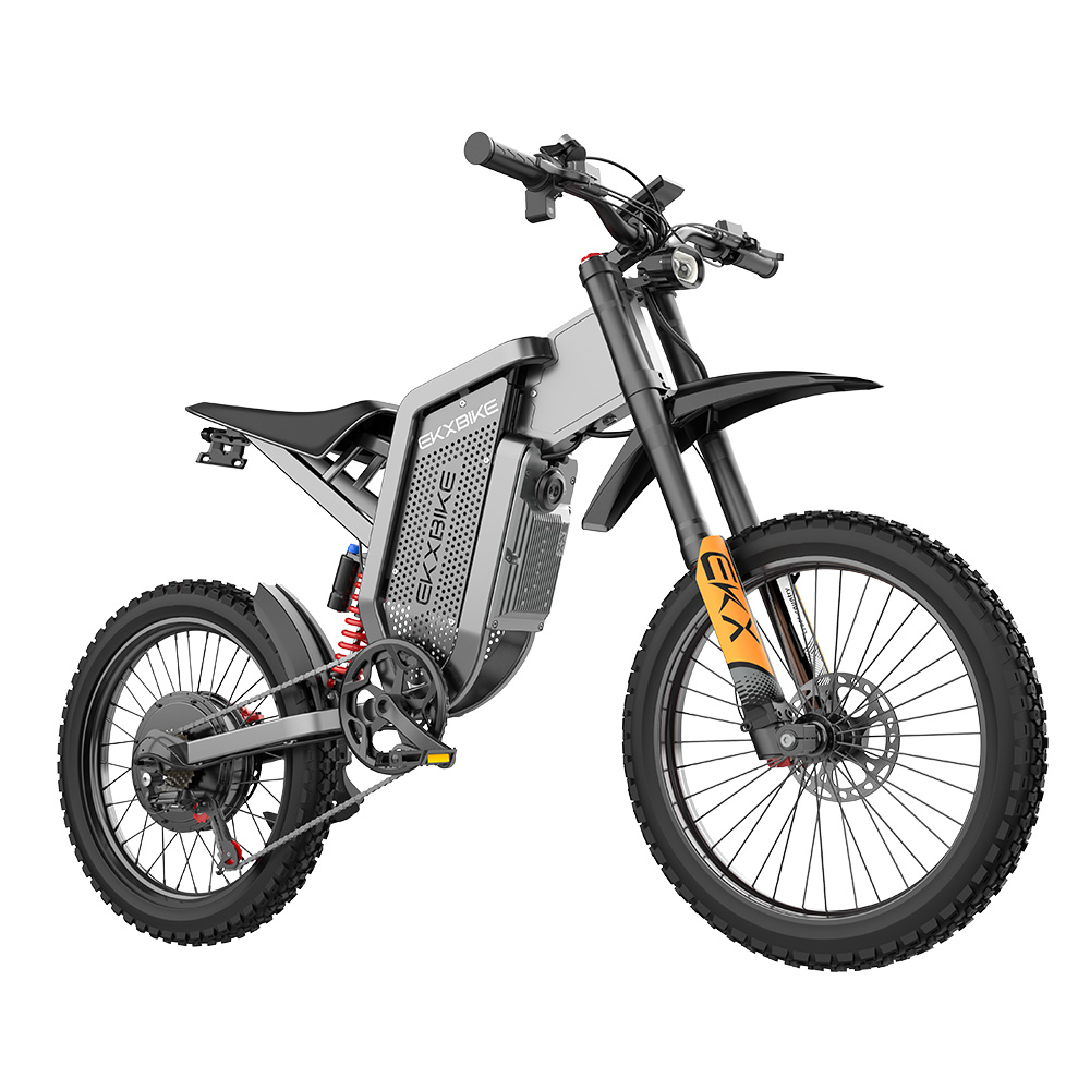 Un cuadro de bicicleta eléctrica plateado con detalles negros, ruedas grandes y amortiguadores.