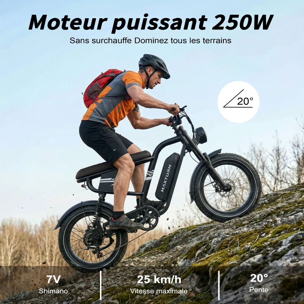 Hombre en e-bike en pendiente rocosa. Motor 250W, 25 km/h, 20°.