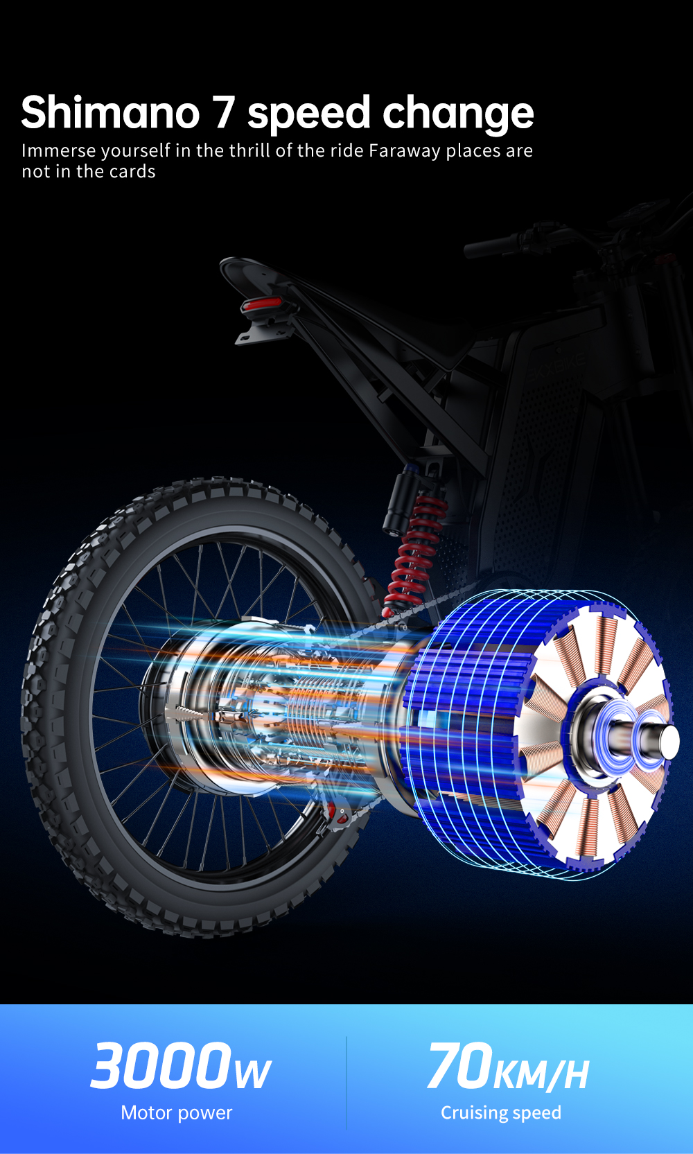 Motor de e-bike con 3000W de potencia y 70 km/h de velocidad.