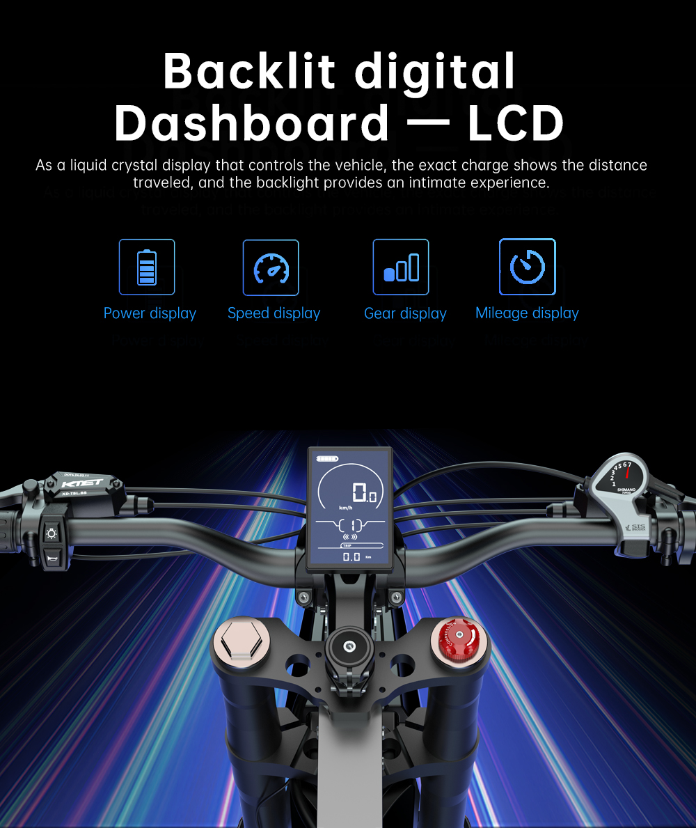 Manillar de bicicleta con pantalla LCD digital que muestra velocidad y kilometraje.