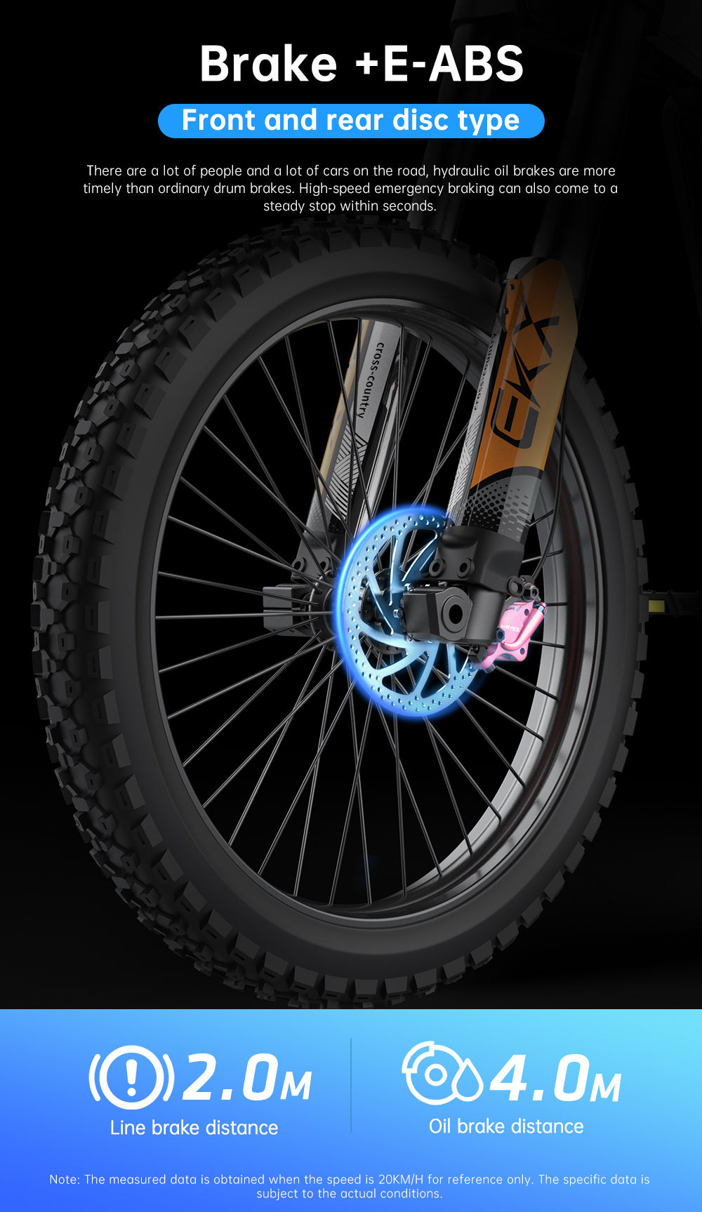Primer plano de la rueda delantera de una bicicleta con freno de disco y suspensión. El texto resalta la distancia de frenado.