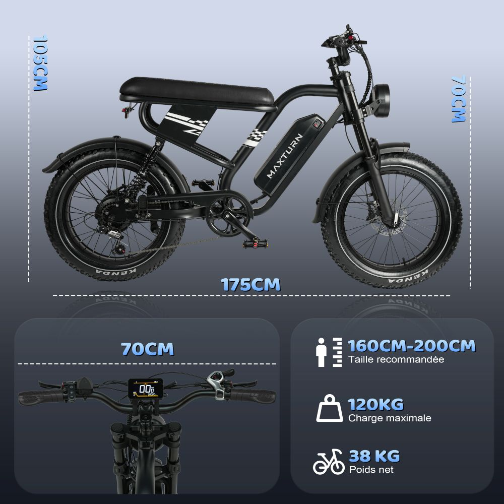 Bicicleta eléctrica negra con dimensiones: 175cm L, 105cm A, 70cm A. Altura recomendada 160-200cm.
