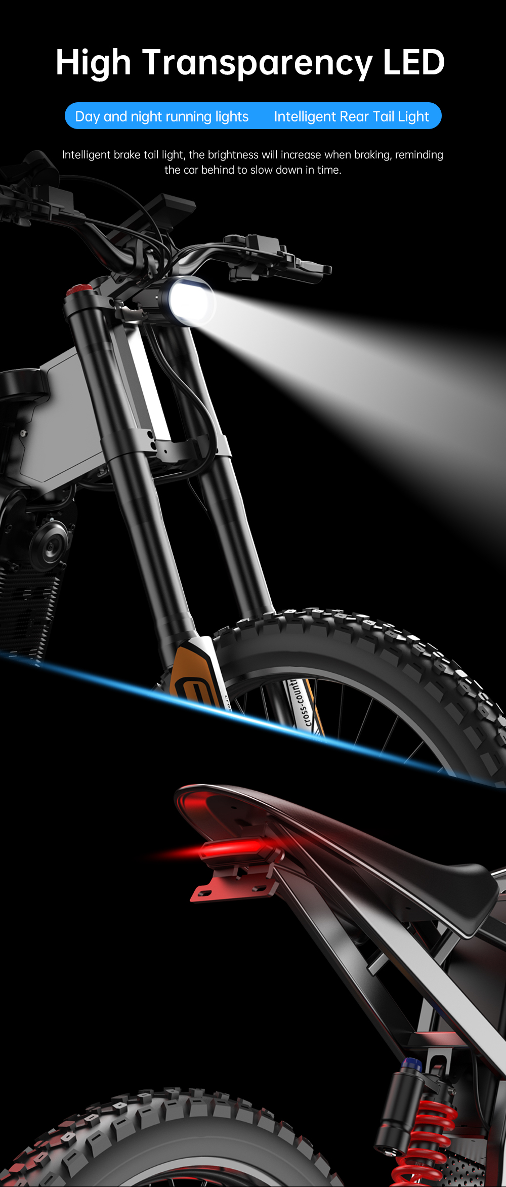 Una e-bike con el faro encendido y una luz trasera roja sobre fondo negro.