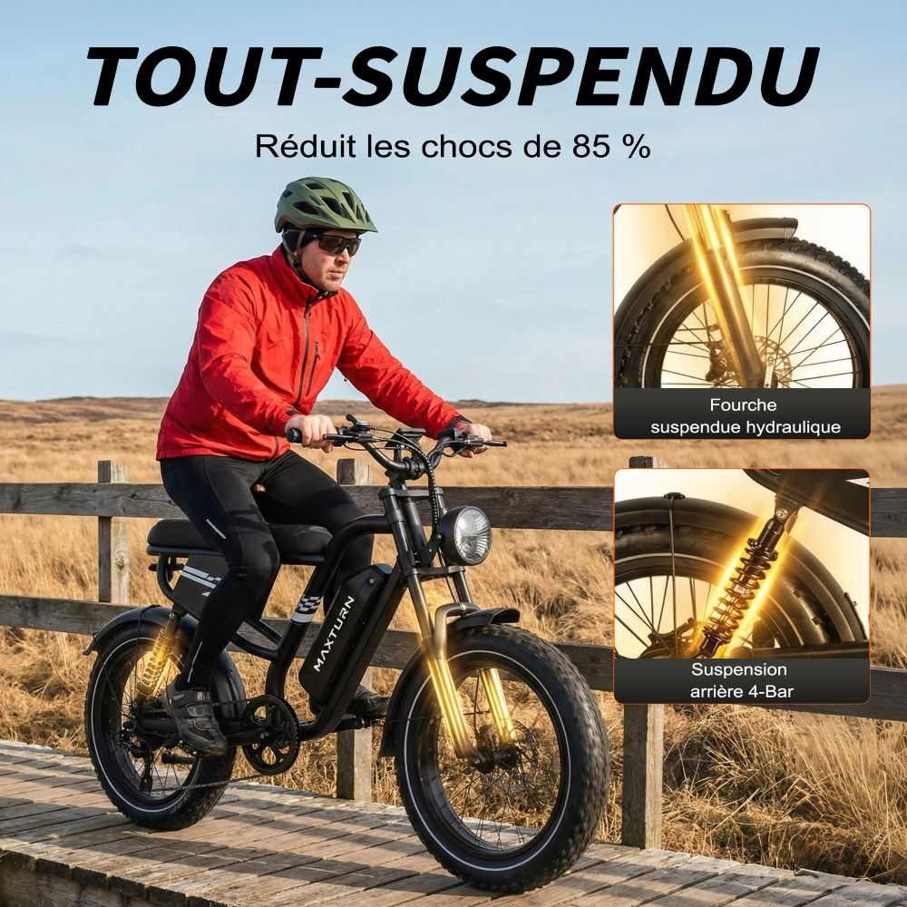 Hombre monta e-bike en sendero de madera; primeros planos de suspensión delantera y trasera.