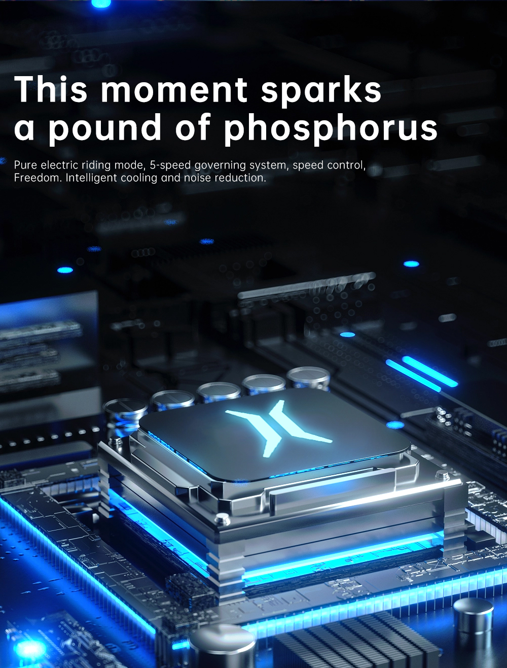 Primer plano de un chip de computadora con iluminación azul en una placa de circuito.