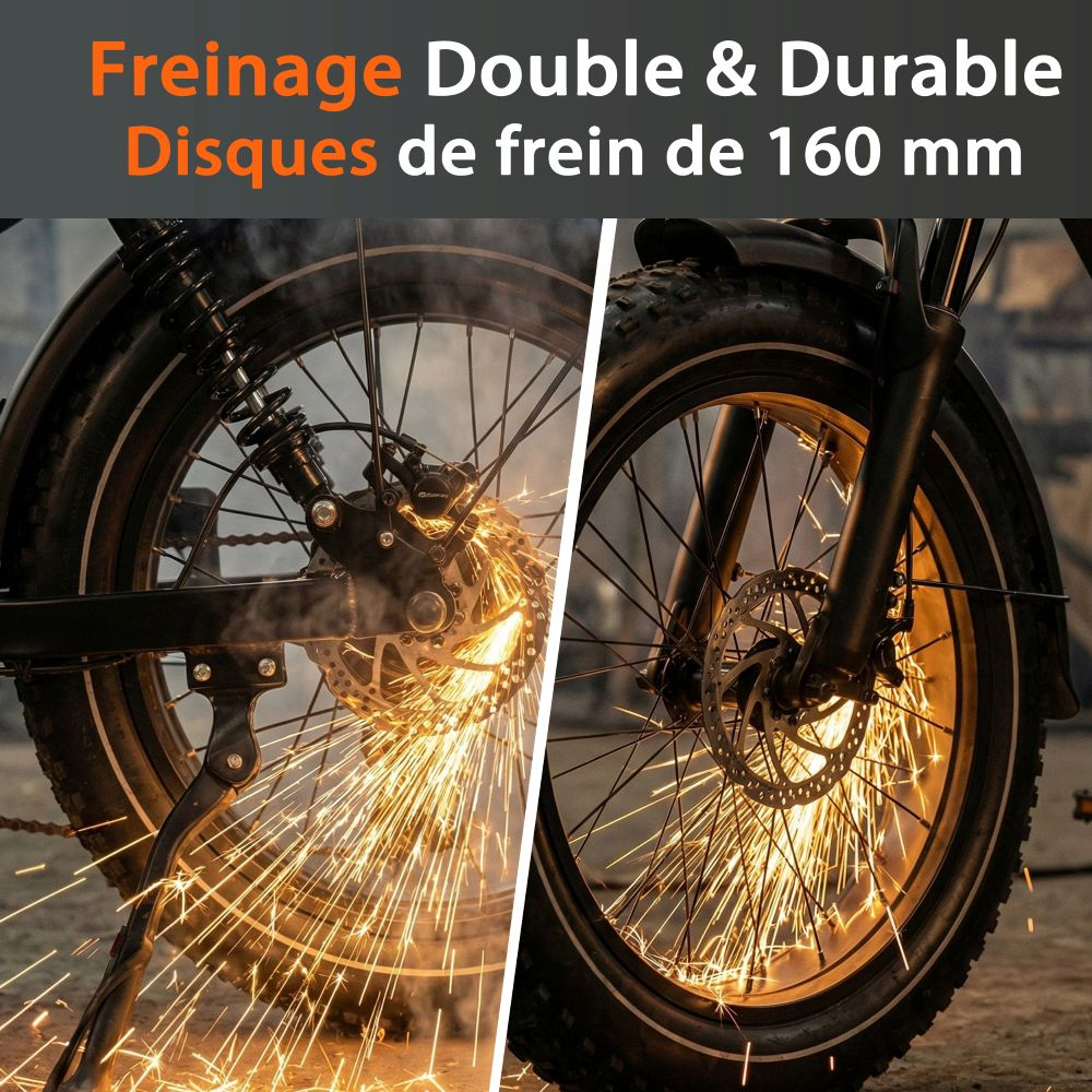 Dos ruedas de bicicleta con discos de freno, saltan chispas al frenar.