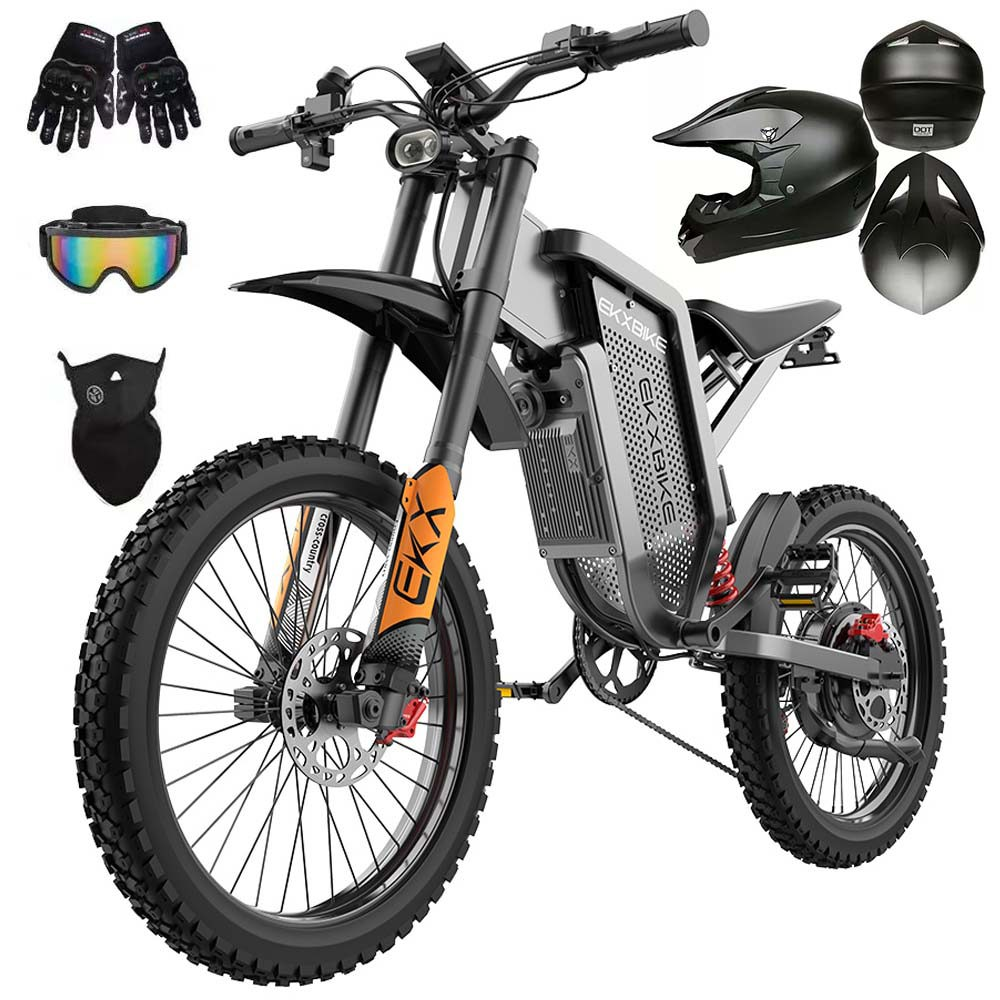 Una bicicleta eléctrica negra con accesorios: casco, guantes, gafas, máscara.