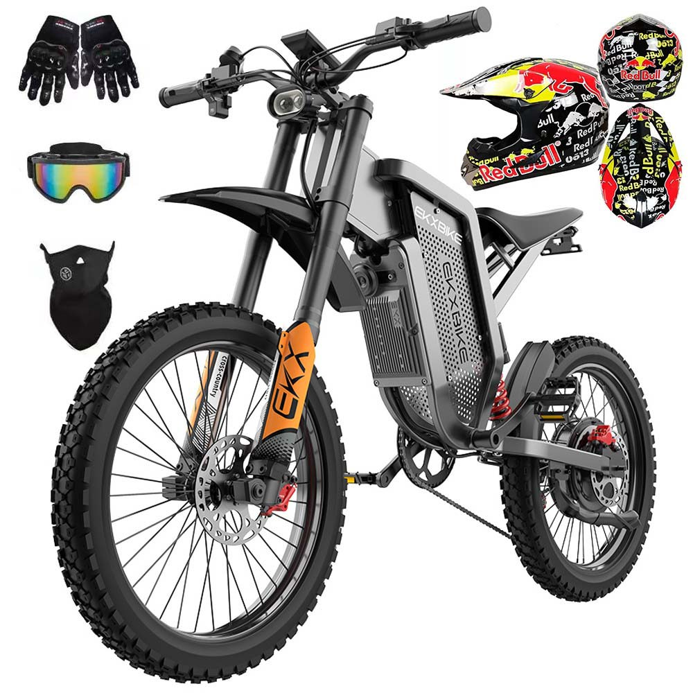 Una bicicleta eléctrica negra con cascos, guantes y mascarilla. Primer plano de la rueda delantera.