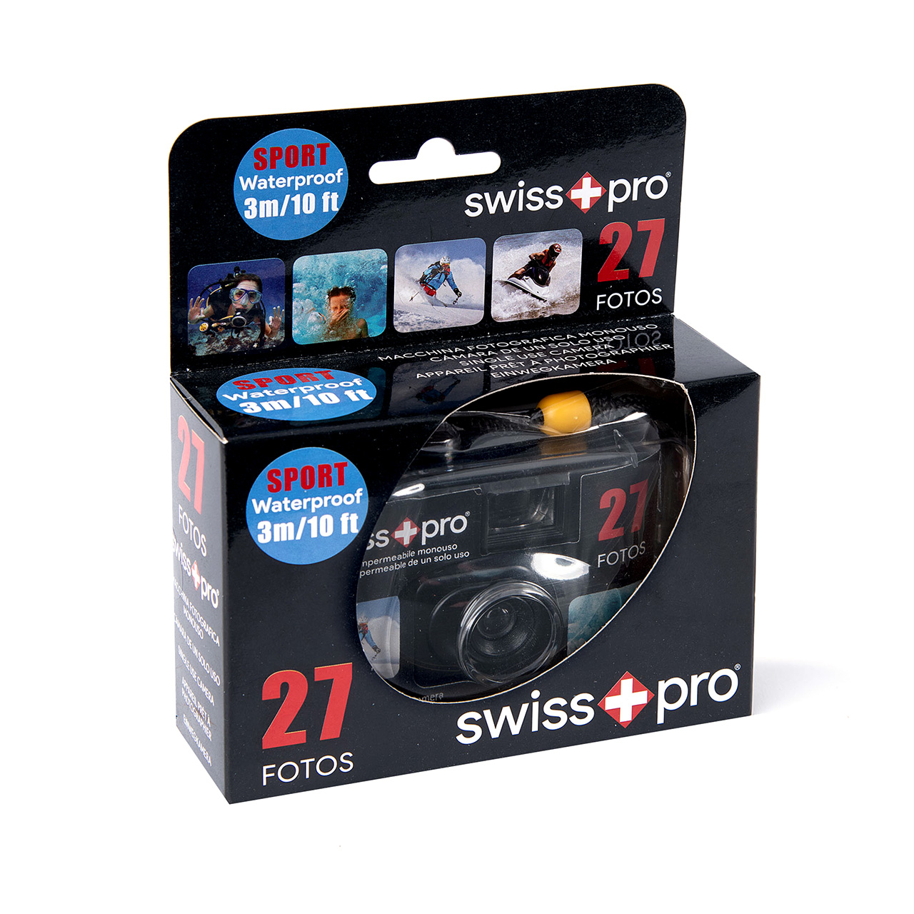 Caja con cámara desechable Swiss+Pro negra, 27 fotos, impermeable.