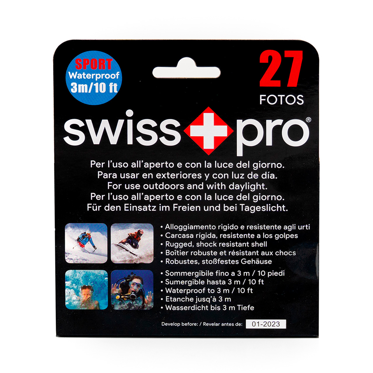 Embalaje Swiss Pro Sport: Impermeable 3m/10ft, 27 fotos, resistente golpes.