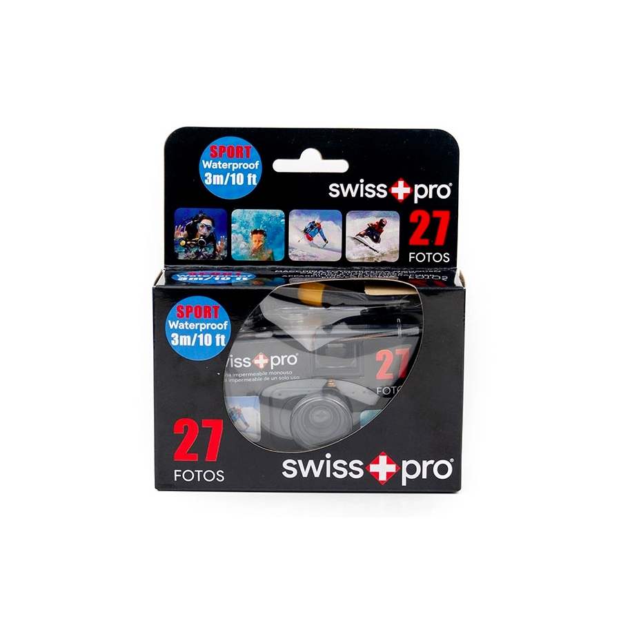 Caja de una cámara impermeable Swiss+Pro de 27 fotos, con imágenes de buzos y esquiadores.