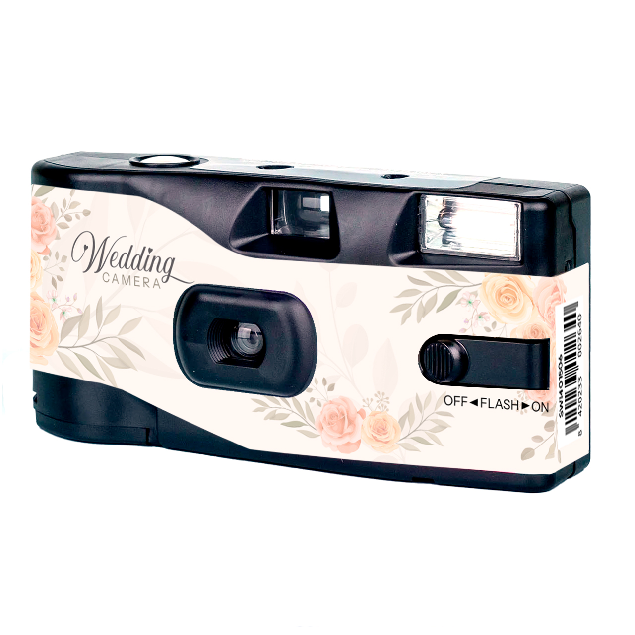 Una cámara desechable de boda con estampado floral y selector de flash.