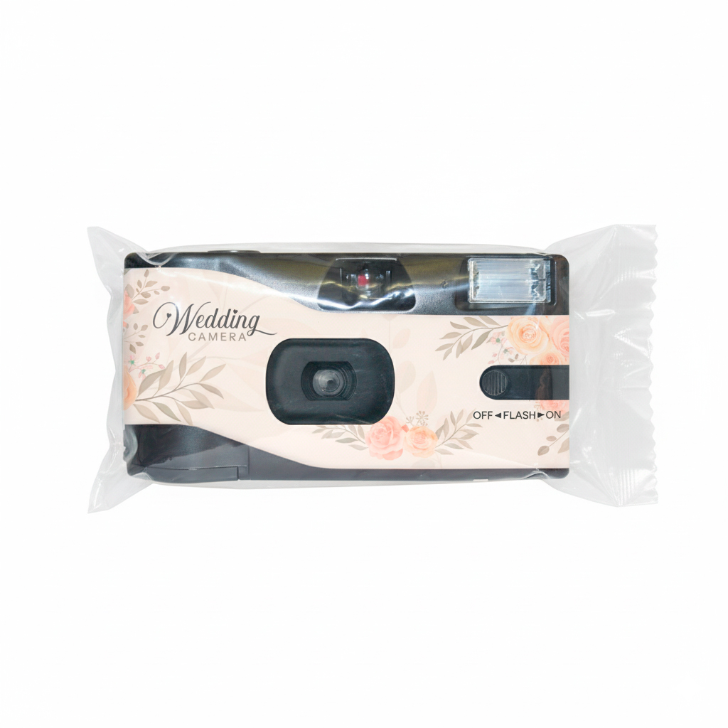 Una cámara desechable "Wedding Camera" con estampado floral en rosa y beige, sellada en plástico.