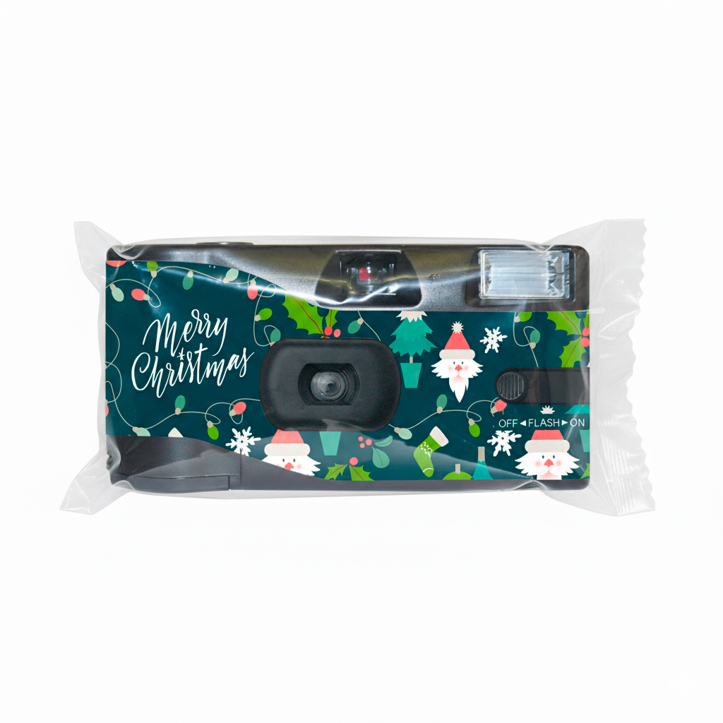 Una cámara temática navideña con diseños de Papá Noel, sellada en plástico.