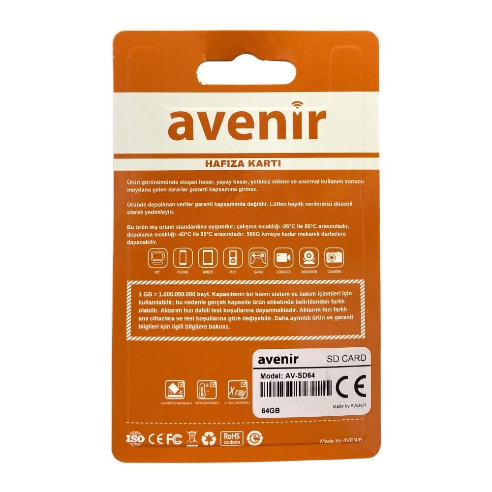 Avenir 64GB SD kart, AV-SD64 Model, CE ve RoHS sertifikalıdır.