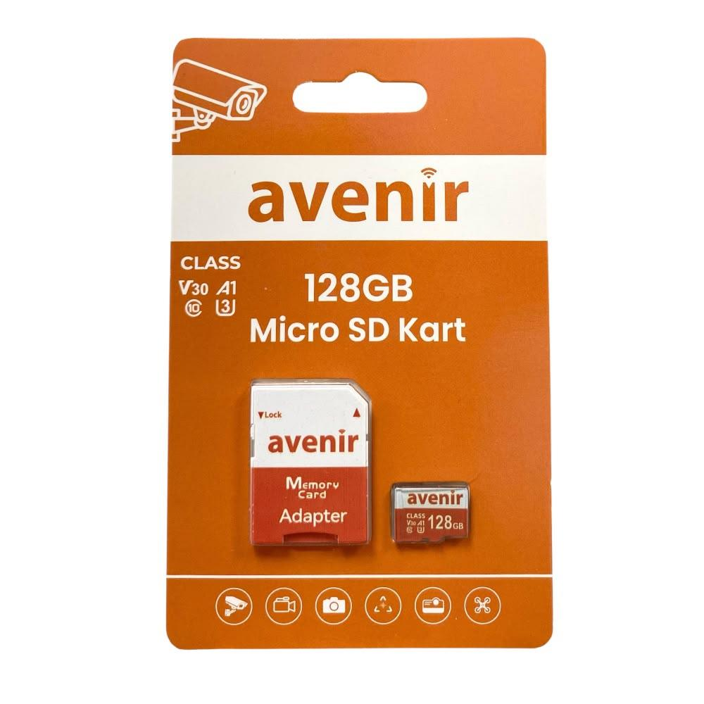 Gözetim kamerası simgeli Avenir 128GB Micro SD kart ve adaptör.