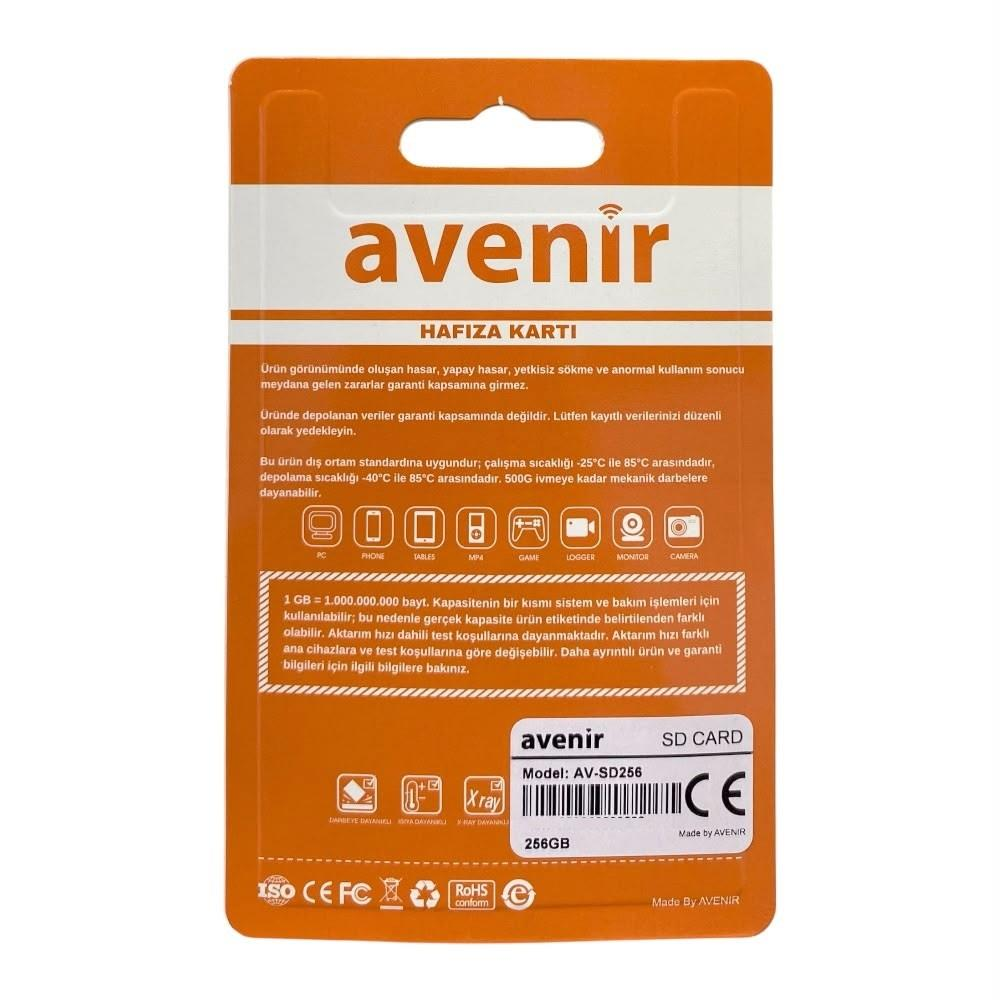 Avenir 256GB SD kart ambalajı, teknik detaylar ve ikonlar içerir.