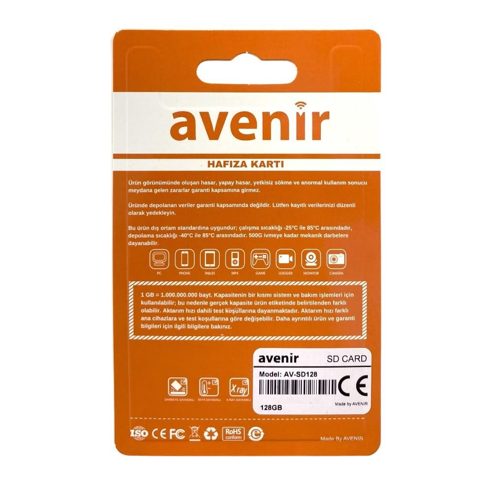 Avenir SD kartı ambalajı, 128 GB, ürün bilgileri ve logolar mevcut.